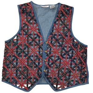 Victoria Jones Vtg 90s Plaid Patchwork Lattice Vest Denim Trim Petite L (PL)